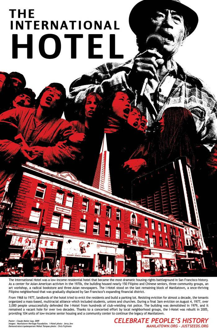 Poster titled "The International Hotel" with an image of a man with a microphone, a crowd of people and the exterior of a brick building.